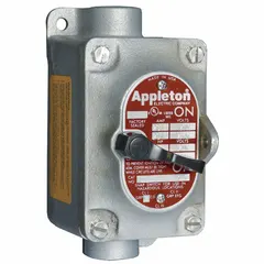 This enclosed manual motor switch is designed for hazardous locations where flammable gases, vapors, or dust may be present. It features a factory-sealed construction to prevent arc ignition, with 2 poles, 30 A rating, and a 0.5 in hub diameter for feed-through wiring. Suitable for use as a disconnecting means and motor control in classified areas.
