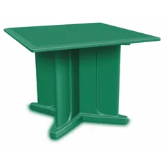 Square polyethylene table with X-base design. 42-inch width and depth, accepts ballast for added stability. Suitable for break rooms, cafeterias, or outdoor workspaces.