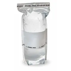 This self-standing, clear sampling bag is sterilized and has an 18 fl oz (532 mL) capacity. It is designed for collecting and transporting liquid or semi-solid samples in laboratory and field environments. The bag meets EPA standards for sample collection.
