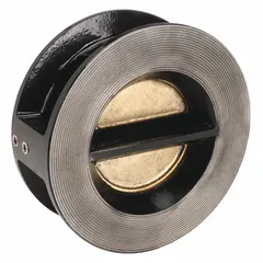 This SSI double-door wafer check valve features a cast iron body and a 10 in pipe size. It is designed for inline installation between flanges, preventing backflow in piping systems. The double-disc design allows flow in one direction and closes automatically upon flow reversal, suitable for water, wastewater, and industrial applications.