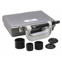 This 6-piece carbon steel service kit is designed for removal and installation of press-fit parts such as ball joints, universal joints, and truck brake anchor pins. Includes a receiving tube (29503) and is used with a ratchet. Overall dimensions: 16-7/64 in x 16 in x 5-45/64 in