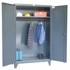 Industrial wardrobe cabinet with a swing handle and padlock hasp for securing tools, equipment, or personal items. Includes one adjustable shelf for flexible storage. Finished in dark gray and mounted on legs. Fully assembled.