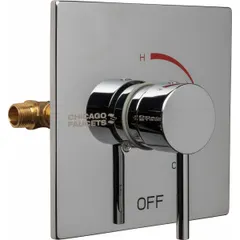 This handle and trim kit for bathtubs and showers includes a square brass trim plate with a polished chrome finish. It is designed for use with thermostatic or pressure-balancing tub and shower fittings, providing a clean, modern appearance.