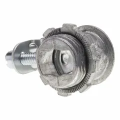 Die-cast zinc straight connector for terminating and securing 3/8 in trade size AC/MC cable to junction boxes or enclosures. Features a 1-screw strap for mechanical grip. Non-insulated, silver finish. Suitable for electrical conduit systems.