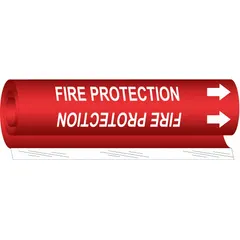 Red wrap-around pipe marker with white legend text reading 'Fire Protection' and directional arrows. Fits pipe outer diameters from 1/2 to 1-3/8 inches. Used to identify fire protection piping in industrial, commercial, and institutional facilities.