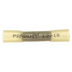Yellow heat-shrink butt splice connector for permanently joining two wires of 12 AWG to 10 AWG. Rated 600 V. Heat-shrink sleeve provides environmental sealing against moisture and contaminants. Suitable for use in electrical systems requiring a sealed, corrosion-resistant connection.