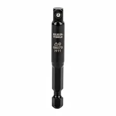 This impact socket adapter features a 1/4" male hex drive and a black finish. With an overall length of 3 inches, it is designed for use with impact-rated sockets and power tools. Suitable for fastening and loosening bolts in automotive, construction, and industrial maintenance applications.