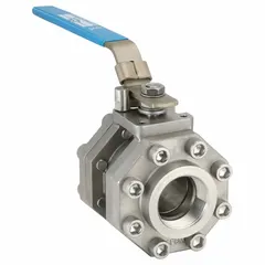 This 2-inch stainless steel ball valve features a straight, three-piece body with FNPT x FNPT connections and a polymer seat. The vented design allows pressure relief, and the locking lever handle provides secure flow control. Suitable for on/off service in industrial piping systems handling compatible liquids or gases.