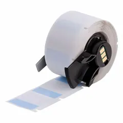 Blue matte vinyl wraparound label measuring 1 in x 1 in. Designed for wire gauges from 16 AWG to 8 AWG. Compatible with M611 printer series and requires M61-R4310 ribbon. Used for wire and cable identification in electrical installations.