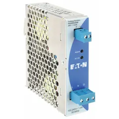 Single-phase DIN rail mount DC power supply with metal housing. Delivers 60 W rated output power at 2.5 A from 100 to 240 V AC input. Suitable for converting AC line voltage to regulated DC in control panels and automation systems.