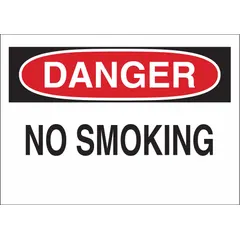 Polyester adhesive sign with nominal size 3 1/2 in x 5 in. Not retroreflective, no glow-in-the-dark or anti-slip surface. Used to indicate areas where smoking is prohibited in industrial, commercial, and warehouse settings.