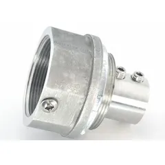 Non-insulated grounding lug hub for terminating and grounding rigid metal conduit (RMC) and intermediate metal conduit (IMC). Features a 1-1/2 in trade size with 1-1/2"-11-1/2 NPT thread and 3 3/32 in overall length. Suitable for industrial electrical grounding applications.
