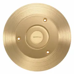 Round brass floor box cover with brushed gold finish. Measures 6-1/4 inches in diameter and 1/4 inch in height. Provides a flush-mount access point for electrical floor boxes, protecting wiring connections while maintaining a clean floor surface.