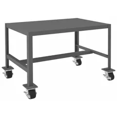 Steel-top mobile worktable with a 36 x 24 inch work surface and a 2000 lb overall load capacity. Fully assembled with a welded-only frame construction, powder-coated finish on both frame and top. Equipped with four swivel locking casters with phenolic wheels for mobility and stability. Suitable for industrial workshops, assembly lines, and maintenance areas requiring a heavy-duty, repositionable work surface.