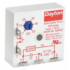 Surface-mounted timing relay for industrial control panels. Operates on 12 to 125V DC. Used to delay or cycle electrical loads in applications such as HVAC systems, conveyor controls, and packaging machinery.