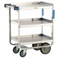 This LAKESIDE open utility cart features three stainless steel shelves with a 700 lb maximum load capacity. It has an overall height of 37 1/4 inches and is equipped with two swivel casters. NSF certified, it is suitable for transporting supplies and equipment in commercial kitchens, hospitals, and warehouses where open shelving provides easy access