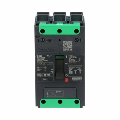 SQUARE D Molded Case Circuit Breaker: 20 A Amps, 100kA at 240V AC, Fixed, Everlink Lug Both Ends - B-Frame Square D Molded Case Circuit Breakers