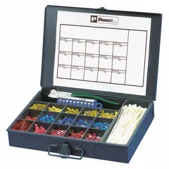 This mixed wire connector and terminal set includes 1,177 pieces for wire sizes 22 AWG to 14 AWG. It contains (50) DV10-250 disconnects splices and a crimping tool. Suitable for electrical wiring and connector assembly in control panels, automation systems, and maintenance applications.