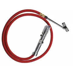 Single-tire inflator gauge with sight glass and dual-head design. Constructed from aluminum with 1/4 in thread size. Used for inflating and checking pressure in tires, typical for fleet and vehicle maintenance applications.