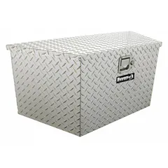 Aluminum A-frame tongue box in silver finish. Overall depth 15 1/4 in, overall height 14 27/32 in. Equipped with a keyed lock and paddle handle latch. Provides secure, weather-resistant storage for trailer accessories and tools.