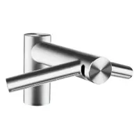 This single-post fixture combines a sensor-activated faucet and hand dryer in one unit. It features a brushed finish, hardwired electrical connection, and BSP plumbing fittings. Suitable for commercial restrooms requiring integrated hand drying and water delivery