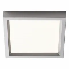 Square surface-mount LED downlight with a low-profile design. Silver aluminum housing, 4-inch nominal size, 5/8-inch height. Delivers 650 lumens at 2700K color temperature, consumes 9.5 watts, operates at 120V AC. Suitable for vanity lighting in bathrooms or dressing areas.