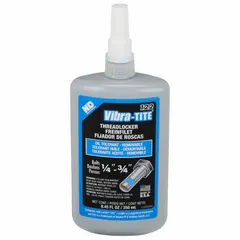 This blue, oil-tolerant threadlocker secures fasteners against vibration-induced loosening without requiring a primer. The medium-strength formula allows disassembly with hand tools. Supplied in an 8.45 fl oz bottle, it is suitable for use on industrial machinery, pumps, and controls where a primerless application is desired.