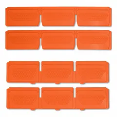 Set of 4 plastic drawer dividers in orange, designed for use with MODBox rail systems. Each divider measures 3 1/2 in W x 2 in H x 16 5/8 in L, allowing flexible compartmentalization within tool storage drawers for organizing hand tools and small parts.