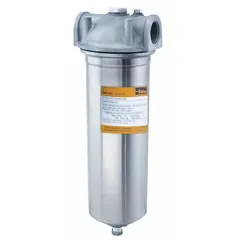 This Parker water filter cartridge housing is constructed from 316 stainless steel with a silver finish. It features a 1-inch NPT female connection, 13-inch overall height, and 3 5/8-inch overall diameter. Designed for industrial water filtration systems, it provides a corrosion-resistant enclosure for filter cartridges in process water, chemical, and food and beverage applications.