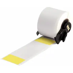 Yellow matte vinyl wraparound label measuring 4 in x 1 1/2 in, designed for wire diameters from 0.43 in to 0.96 in. Compatible with BMP61 printer series and requires ribbon M7-R4300. Used for cable and wire identification in industrial electrical and control panels.