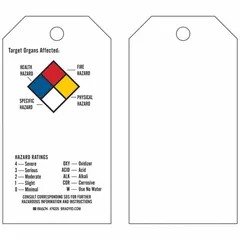 Rectangular polyester safety tag with self-laminating design for indoor/outdoor use. Each tag measures 5 3/4 in height by 3 in width by 0.01 in thickness. Includes 25 nylon ties. Suitable for identifying equipment, pipes, or cables in industrial environments where durable, legible labeling is required.