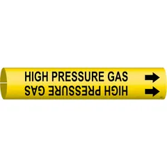 Snap-on pipe marker for identifying high-pressure gas lines. Yellow background with black legend and directional arrows. Fits pipe outer diameters from 2-1/2 to 3-7/8 inches. Supplied as a single marker.