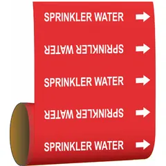 Red adhesive pipe marker with white legend reading 'Sprinkler Water' and directional arrows. Fits pipe outer diameters from 2-1/2 to 6 inches. Pack of 30 markers for identifying sprinkler water lines in piping systems.