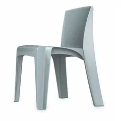 This stacking chair features a gray polyethylene seat and a freestanding design with no arms. It is suitable for light-duty commercial or institutional environments where stackable seating is required. The chair complies with CAL 133 and ANSI/BIFMA X5.1-2011 standards.