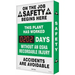 This electronic scoreboard displays safety milestones such as days without an OSHA recordable injury. It features an aluminum construction with mounting holes for wall installation and is programmed via remote control. Operates on 110/120V AC and has a nominal sign size of 28 in x 20 in. Not retroreflective.