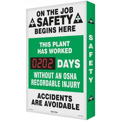 ACCUFORM Electronic Scoreboard SCK114 - On The Job Safety Begins Here. This Plant Has Worked ___ Days Without An OSHA Recordable Injury, Accidents Are Avoidable Safety Scoreboards