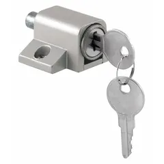This sliding door lock measures 1 3/4 in width and 5/8 in height. It is designed to secure sliding doors in various settings, providing a basic locking function for such door types.