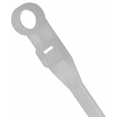 Standard-duty screw mount cable tie with 8-inch nominal length and 1 13/16-inch maximum bundle diameter. Features a 0.19-inch width, natural color, and #10 screw mount hole for permanent surface attachment. Suitable for bundling and securing wires in electrical panels, control cabinets, and industrial installations. Supplied in a pack of 1,000.