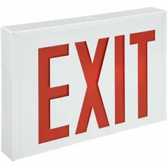 Steel LED exit sign with one face, white housing and red lettering. Designed for ceiling mounting, operates at 120/277 V AC. Features universal field-selectable chevrons for directional flexibility. New York City approved. Not battery powered.