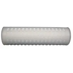 Pleated water filter cartridge with 0.5 micron rating for fine filtration. Constructed with polypropylene filter media. Rated for flow up to 140 gpm. Overall height 20 inches. Suitable for process water, cooling water, and pre-treatment applications.