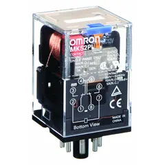 Plug-in relay from the MK-S Series with an octal base and 8 round pins. Features DPDT contacts, 12V DC coil, and 10 A rating at 250V AC for resistive loads. Used in industrial control panels, automation systems, and machinery for switching loads.