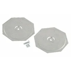 This steel knockout seal is designed to close unused 4-inch knockout holes in electrical enclosures. It includes two discs, a bolt, and a nut, with a zinc electroplated finish for corrosion resistance. Typical applications include sealing enclosures in industrial and commercial settings to prevent ingress of dust, moisture, and debris.