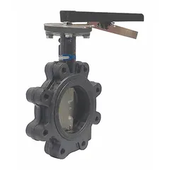 This 8-inch ductile iron butterfly valve features a concentric design with lug-style connections for dead-end service. It includes a lever handle and is rated for 200 psi CWP. Suitable for on-off flow control in general-service applications such as water, wastewater, and HVAC systems.