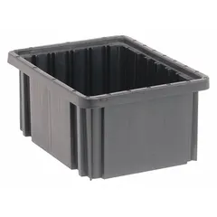 This plastic ESD static-control divider box measures 10 7/8 x 8 1/4 x 5 inches and has a 0.15 cu ft capacity. It is made of black conductive plastic to dissipate static charges. The box does not include a lid or dividers. Typical applications include organizing and protecting sensitive electronic components in manufacturing, assembly, and storage environments.