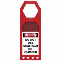 Red rectangular plastic tag holder for displaying safety information in indoor and outdoor industrial environments. Measures 3 1/2 inches wide by 10 inches high. Accommodates English-language tags. No header included.