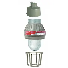 Bulb-dependent jelly jar light fixture for hazardous locations. Rated Class II, Div 1 and 2, Groups E, F, G. Operates at 120/277V AC, 300W, T3C temperature code. Height 10 3/8 in. Suitable for areas with combustible dust such as grain handling or chemical processing.