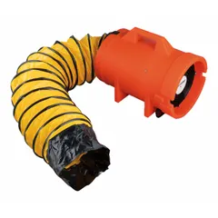 This axial blower and ducting combination unit from ALLEGRO features an 8-inch duct diameter and a 1/3 hp motor operating at 120/240 V AC. Designed for confined space ventilation, it supplies fresh air into tanks, vaults, and manholes to maintain a safe breathing environment for workers. The unit is supplied as a standalone blower (ducting not included) in a black/yellow finish.