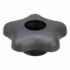 This Snap-Lock 5-Arm Knob is made of plastic with a 2.27 in diameter. It features a 1/4" thread and a 1 in thread length. Commonly used for manual adjustment and clamping on machinery, control panels, and industrial equipment.
