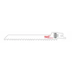 This 5-pack of reciprocating saw blades is designed for cutting and pruning wood. Each blade measures 6 inches in length with a thickness of 0.05 inches, featuring a rigid construction for straight cuts and a tapered geometry. Suitable for use in demolition, construction, or landscaping tasks.