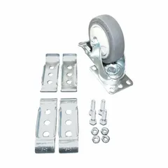Swivel caster kit with brake for clamp-on pipe systems. Includes one rubber wheel caster with a silver/gray finish. Maximum load capacity 250 lb. Used to add mobility to industrial workstations, assembly lines, and material handling setups.